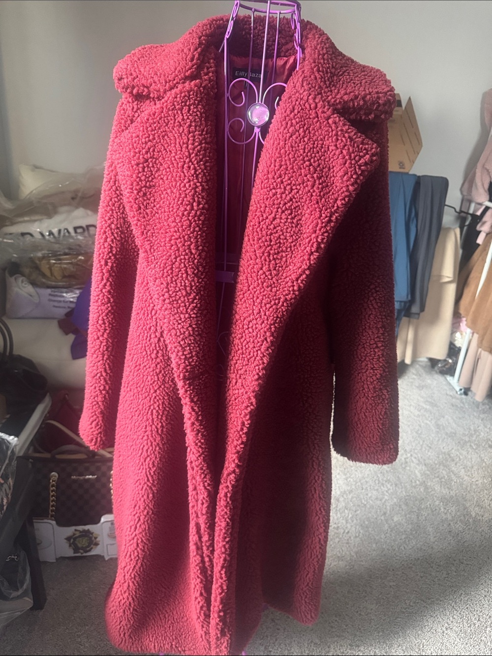 Elly Bazaar Women's Faux Sherpa Teddy Coat in Berry Red